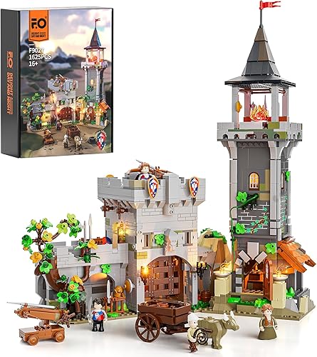FUNWHOLE Juego de ladrillos de construcción de iluminación medieval de la Watchtower  Castillo de guarda con minifiguras de soldado granjero