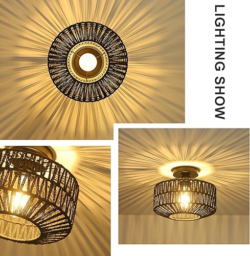 Miniatura 3 de Lámpara de ratán para montaje en techo, lámpara de techo bohemia con bombilla LED regulable, mini lámpara de araña de ratán tejida a mano