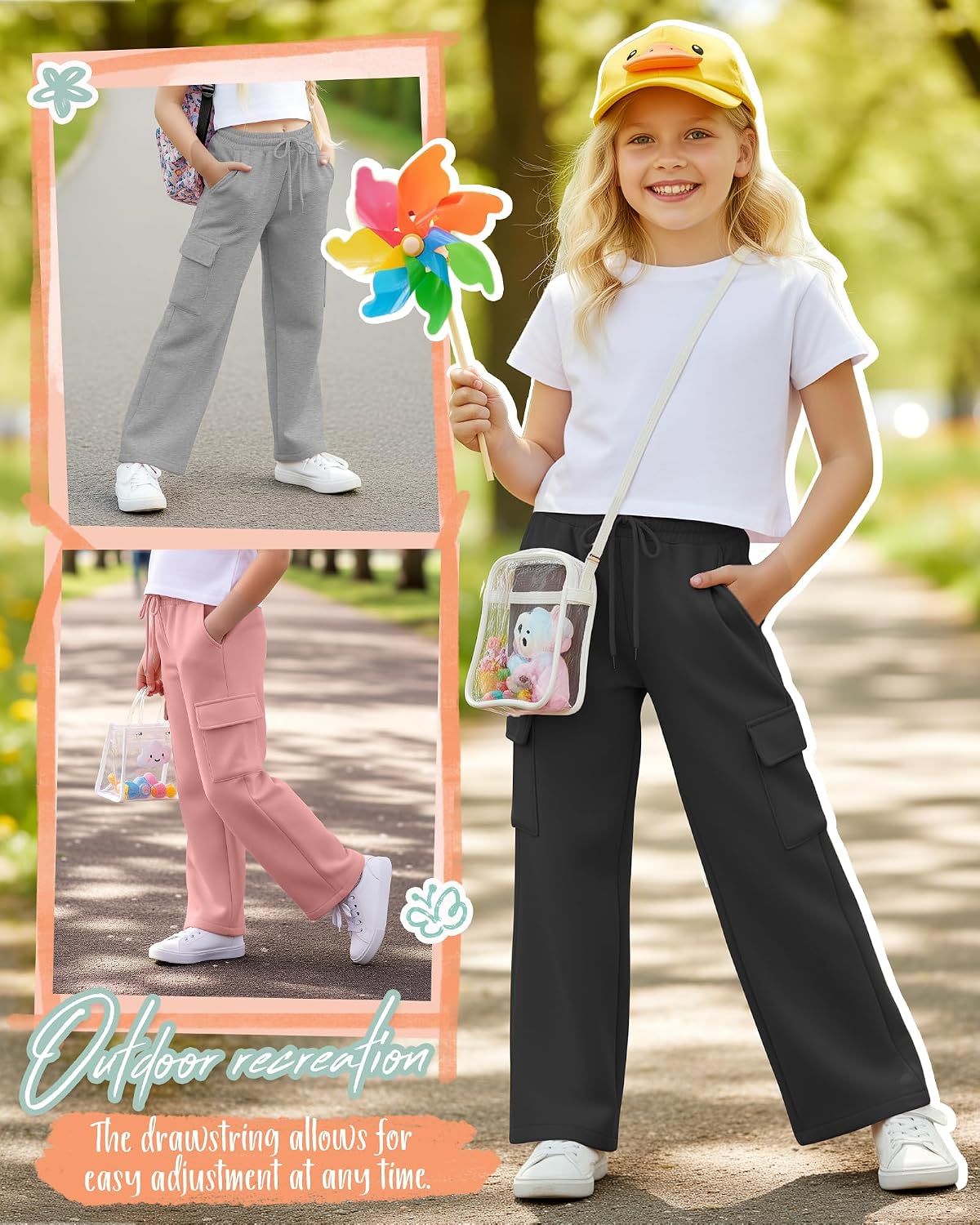 3 Pack Girls' Cargo Sweatpants Kids Wide Leg Pants Loose Baggy Elastic Drawstring Joggers with 4 Pockets 5-14 Years