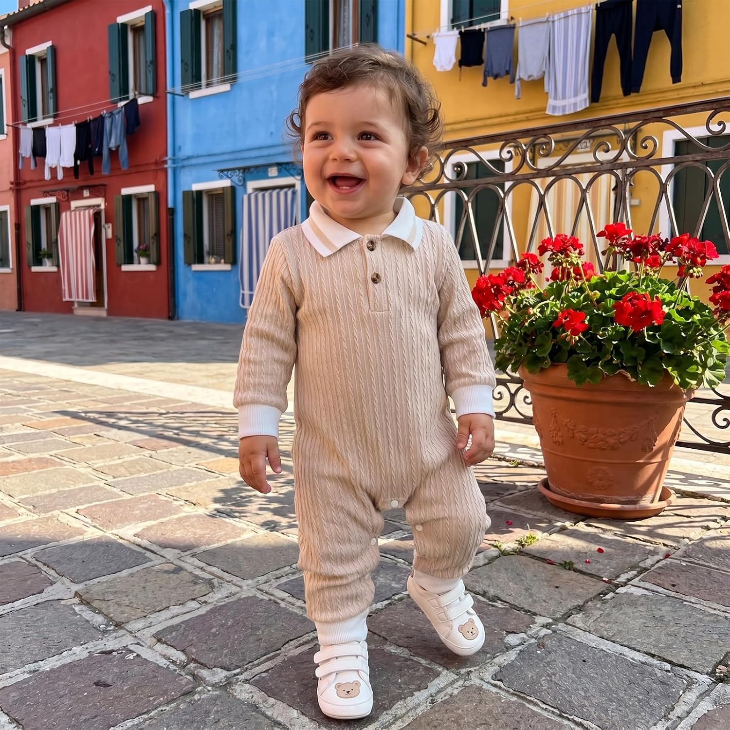 Newborn Baby Boy Clothes Textured Collared Romper Long Sleeve Button-UP One Piece Jumpsuit Solid Color Fall Outfit image 4