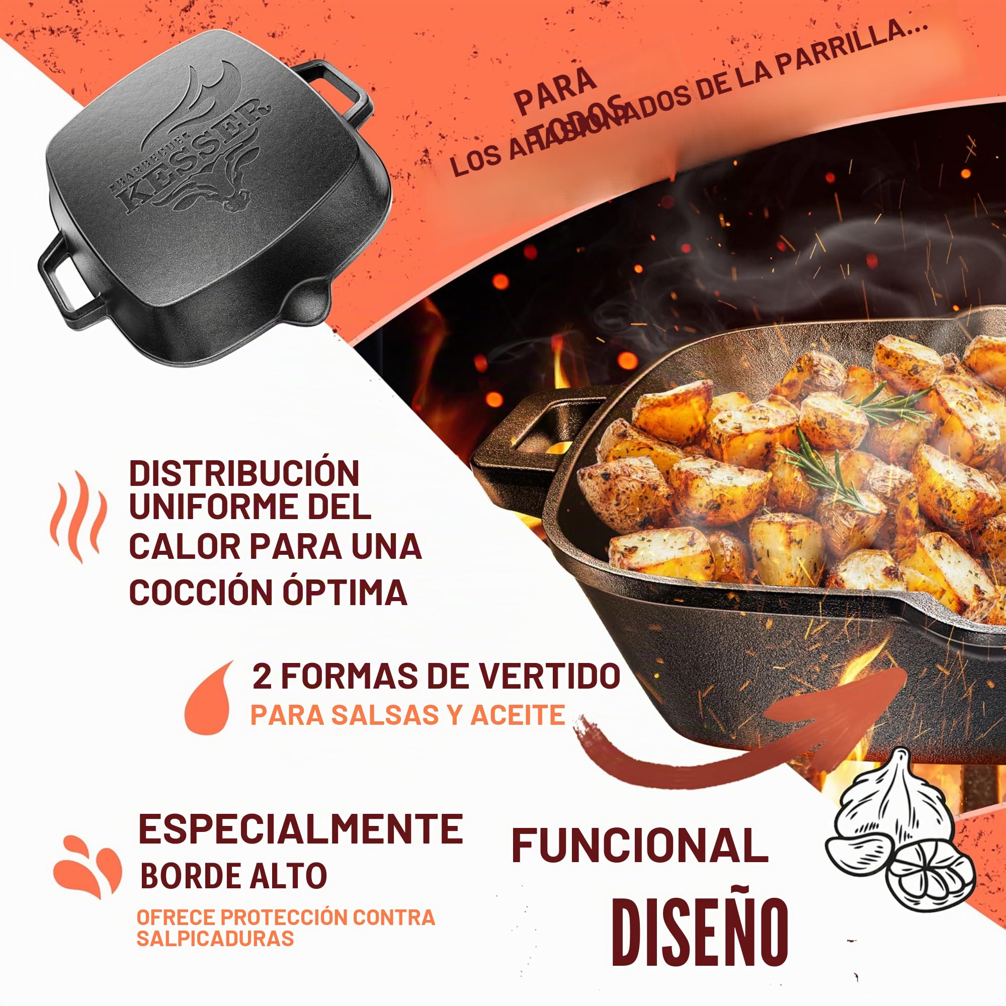 KESSER® Sartén de hierro fundido para inducción de 30 cm, sartén de hierro fundido, sartén para parrilla de gas, horno, parrilla de carbón, sartén para carne, incluye asas protectoras, libro de