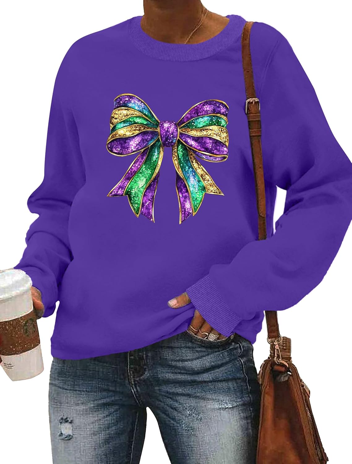 LHBNK Mardi Gras Sweatshirt Women: Mardi Gras Carnival Shirts Fat Tuesday Tee Funny Bow Graphic Crewneck Pullover Tops - Image 3