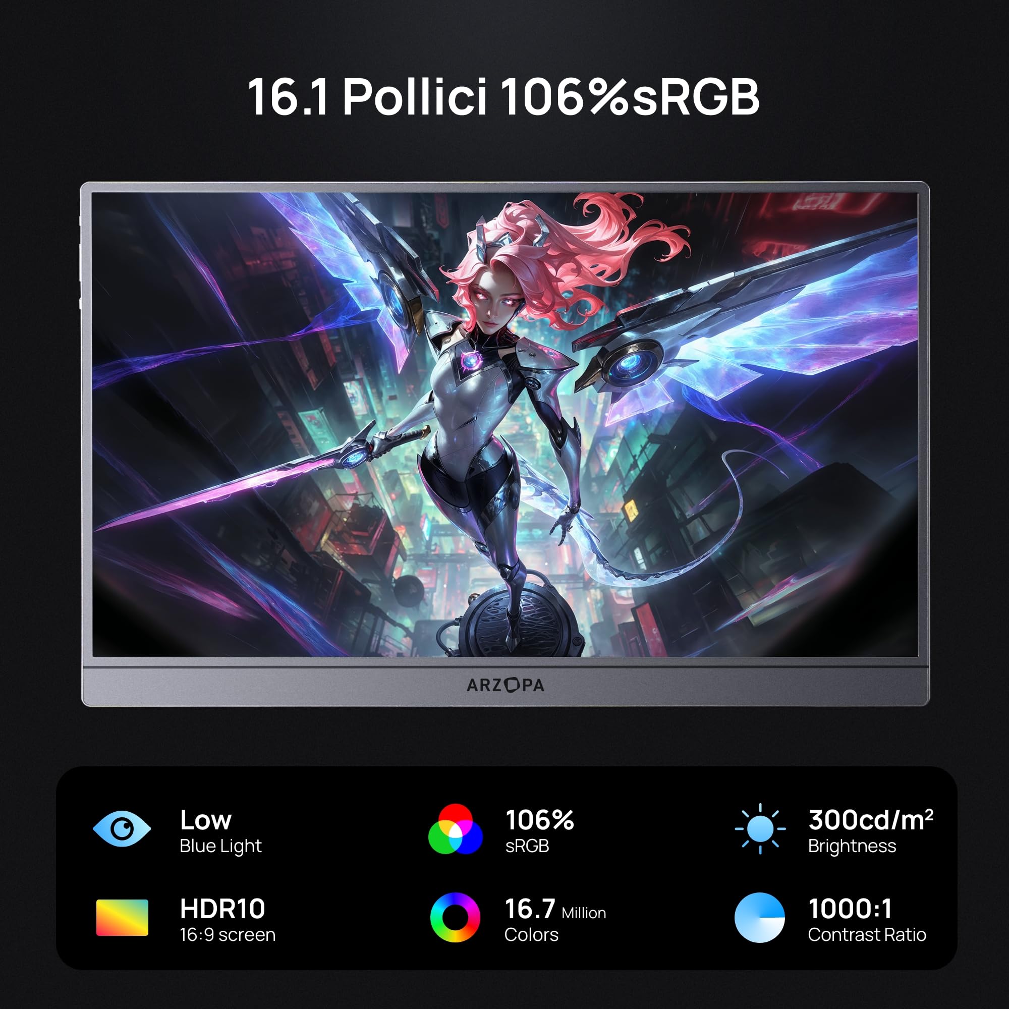 ARZOPA Monitor Gaming Portatile 16.1" 144Hz, 106% sRGB FHD 1080P con Supporto, HDR, Ultra Sottile, Eye Care, Secondo Schermo per PC, Console, Mac - Z1FC Grigio
