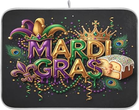 Mardi Gras Dish Drying Mat, Super Absorbent Quick Drying Mat for Kitchen Counter, Machine Washable, 18x24 in