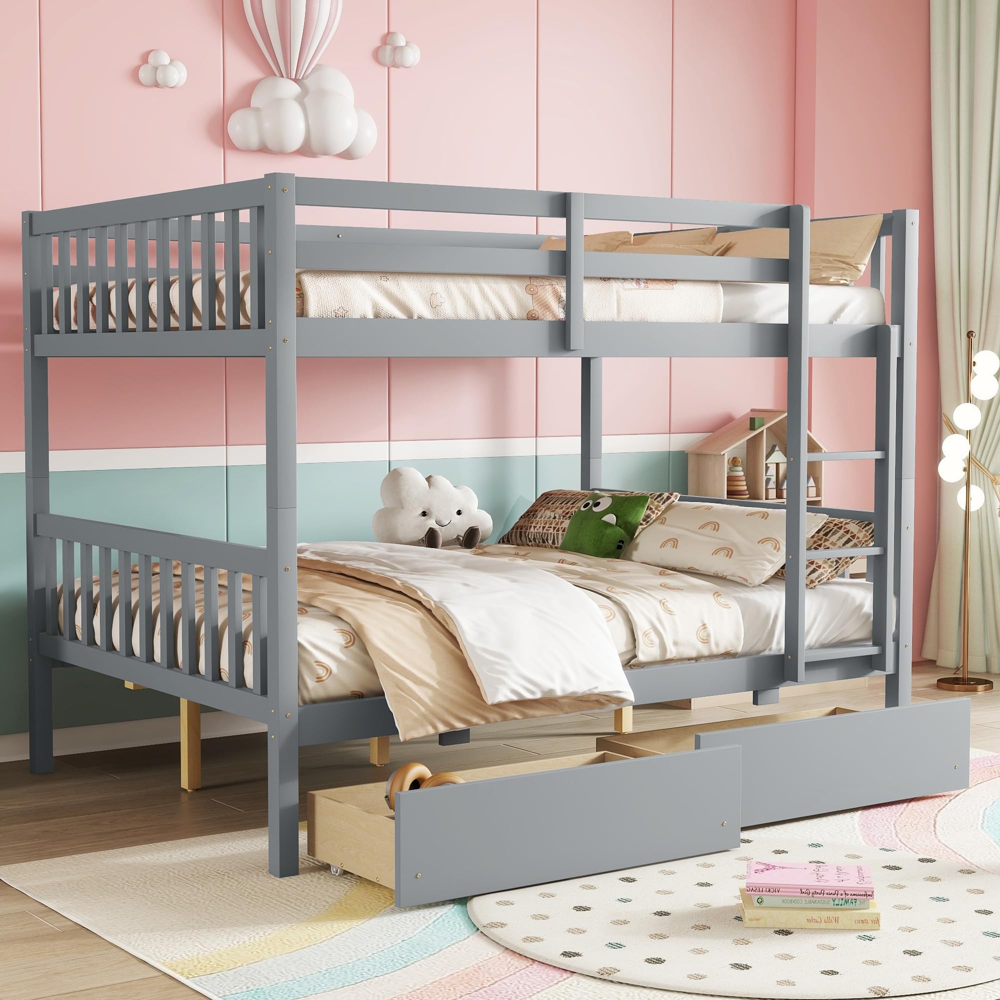 Ball & Cast Full Over Full Wood Bunk Bed for Kids,Convertible Storage Bunk Bed with Two Storage Drawers and Ladder,Can Be Divided Into Two Full Size Daybeds,No Box Spring Required,Grey