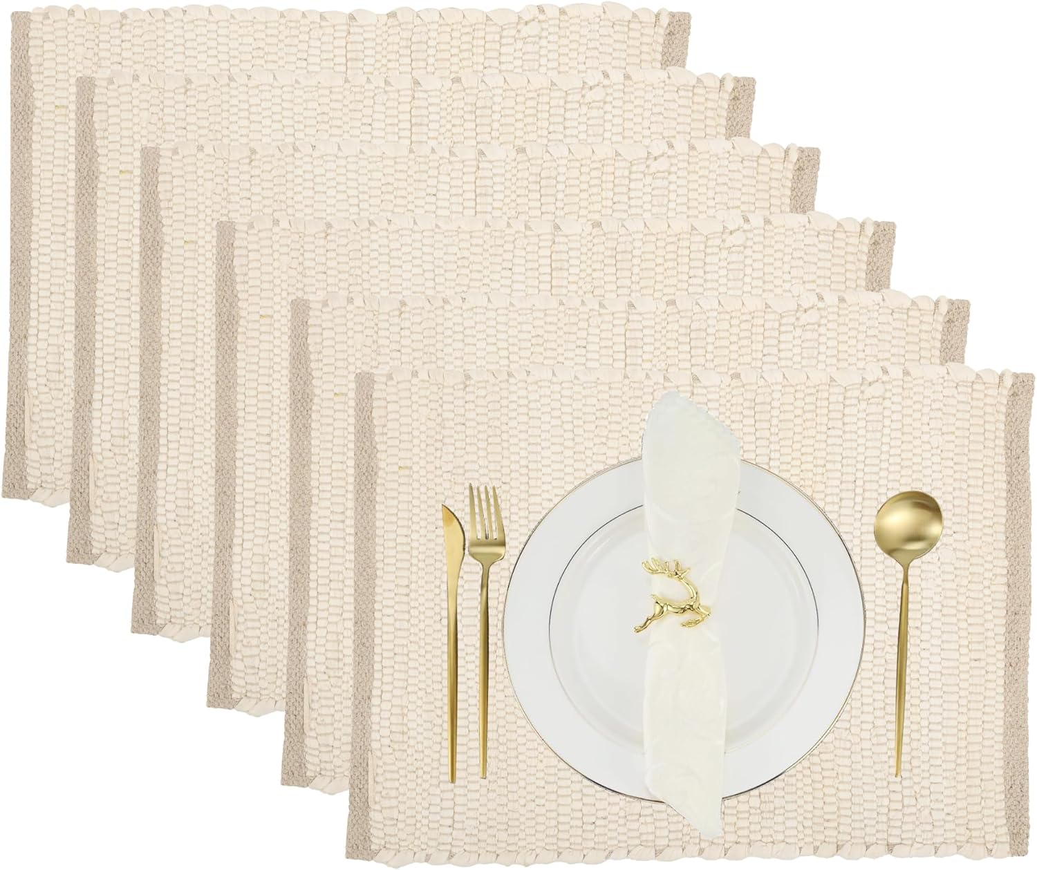 Set of 6 Eco-Friendly Rainbow Multi Chindi Placemats 13 x 19 Inch Pure Cotton Table Mats Woven Kitchen Placemats