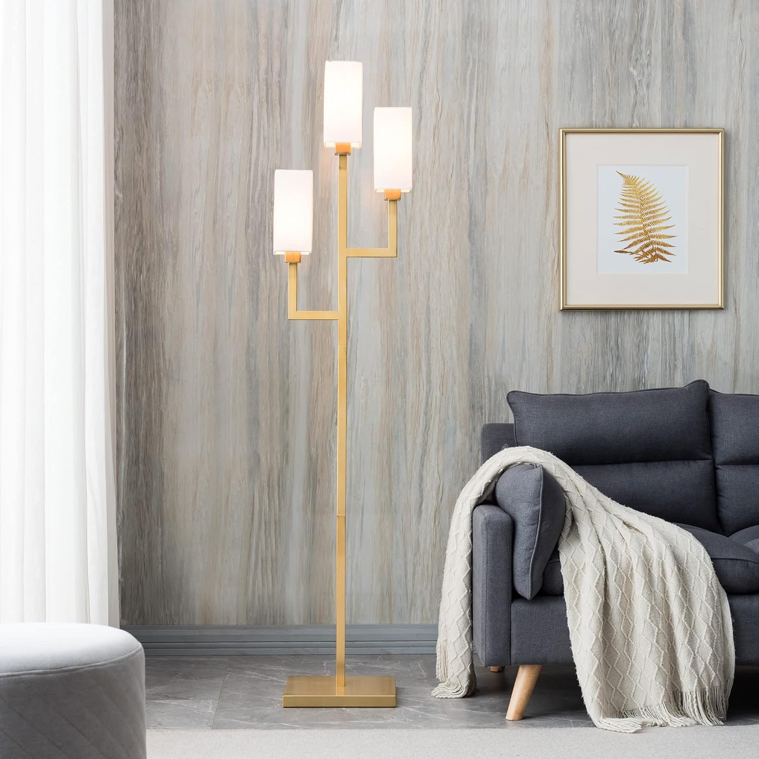 Brass 3-Light Torchiere Floor Lamp with Tube-Shaped Shades