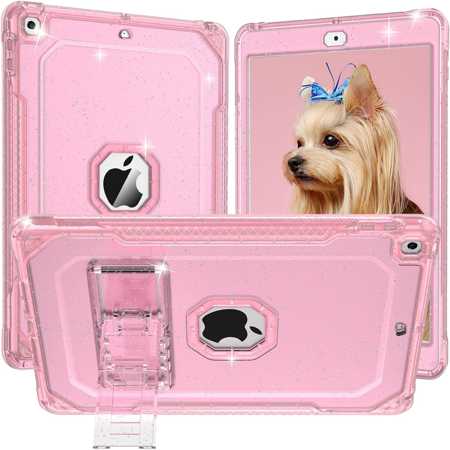 ZoneFoker iPad 9th Gen Case, Clear Glitter Dual-Layer Slim Sturdy Case with Stand for 10.2 inch Tablet, Kids/Girl/Women - Pink