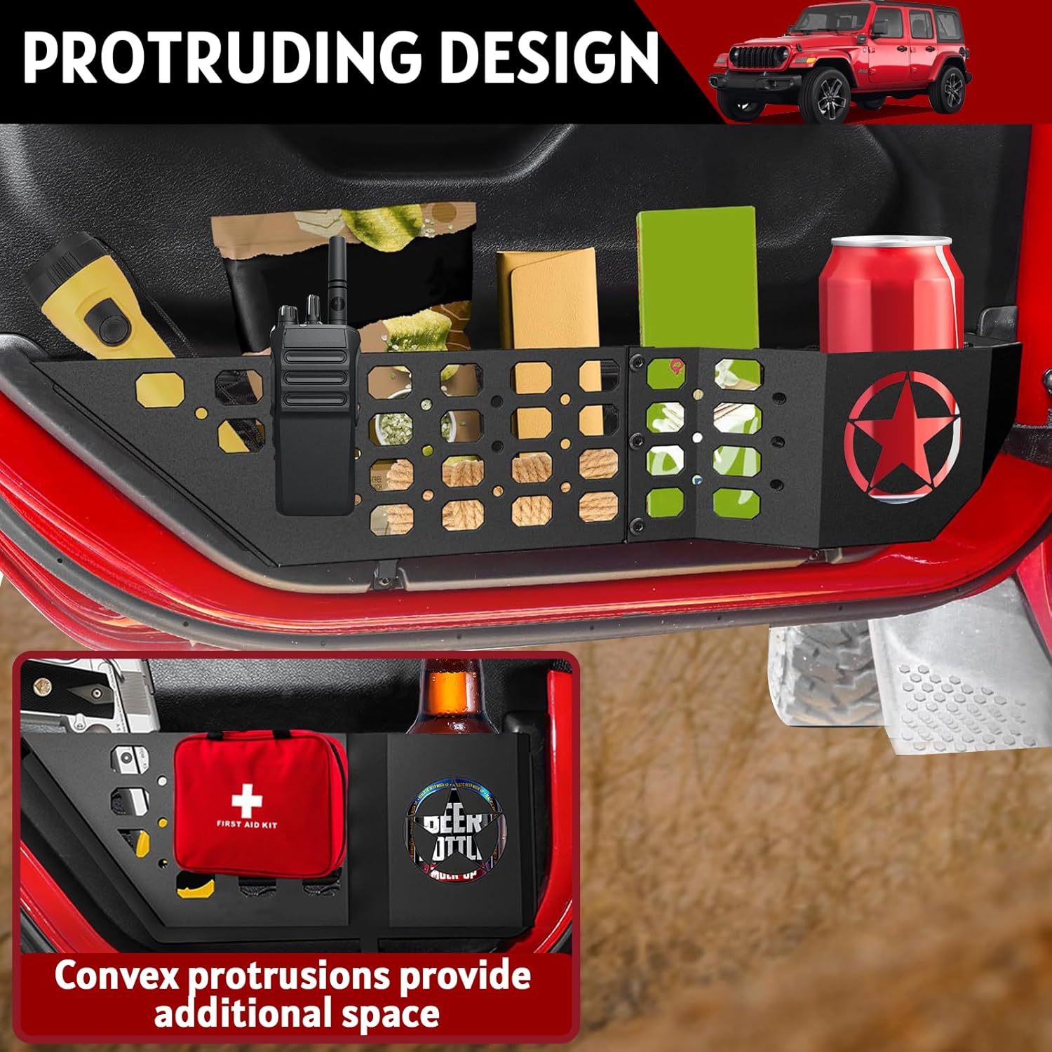 Metal Front and Rear Door Pocket Storage for Jeep Wrangler | Door Pocket for Wrangler JL/JLU 4XE (2018-2025) & Gladiator JT (2020-2025) | Door Storage Accessories | Non-Fit Power Seats | 4PCS, Star