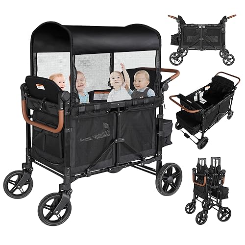 Miniatura 8 de Cochecito Wagon para 4 niños - Cochecito de empuje de doble plaza con toldo gris Gris2,Negro