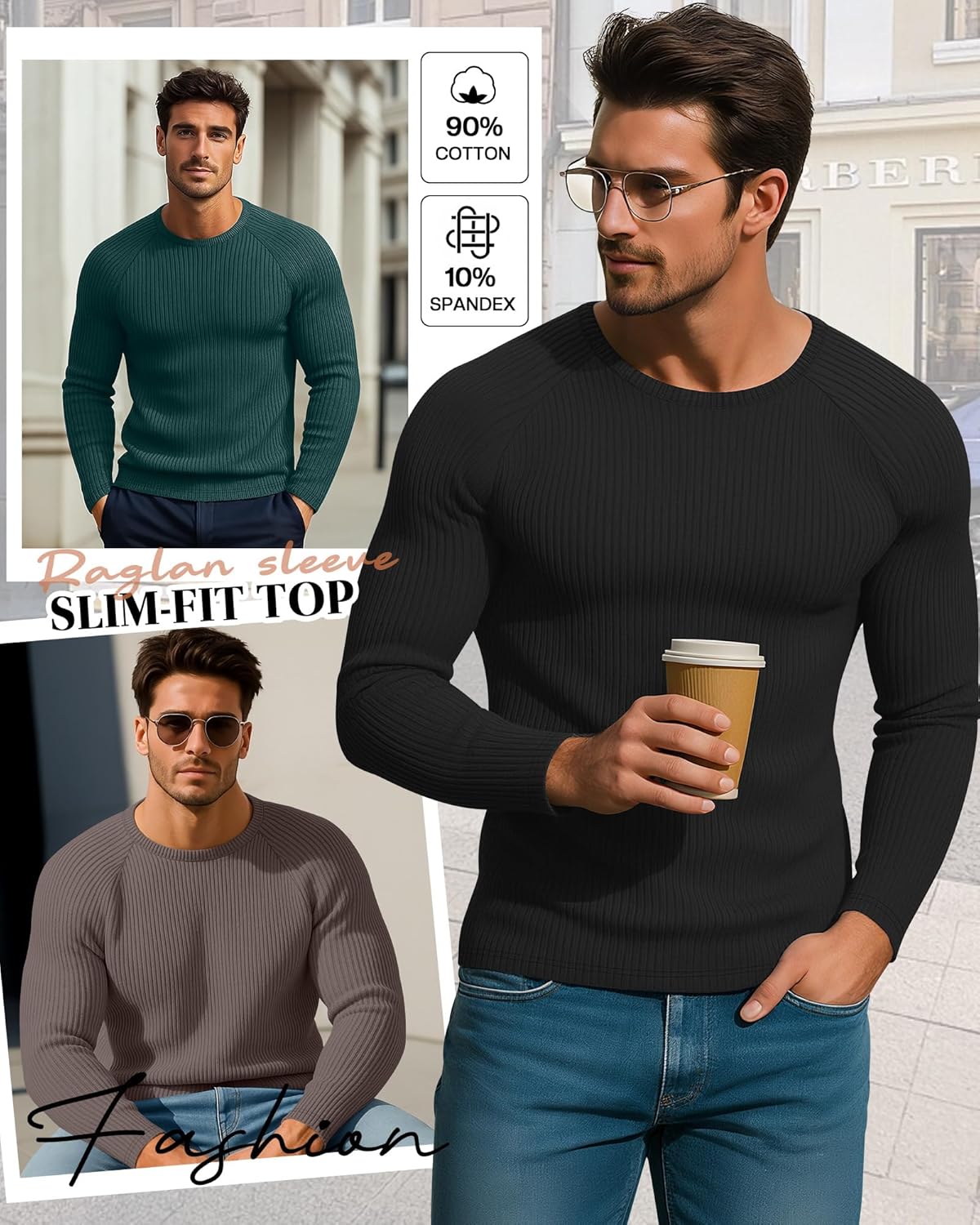 3 Pack Men's Ribbed Thermal Long Sleeve Shirts 90% Cotton Crew Neck Pullover Tops Slim Fit Winter Undershirts - Image 2
