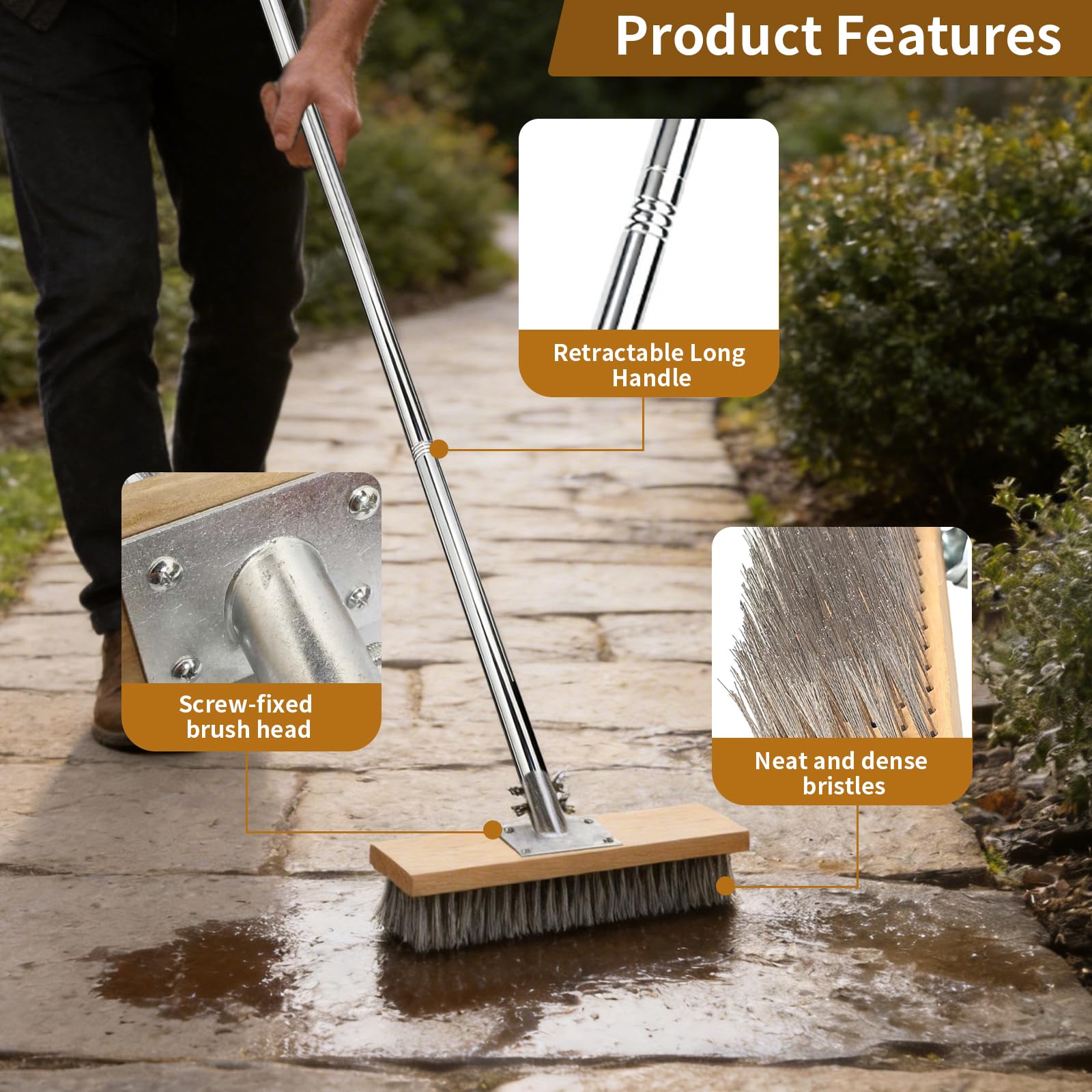 Balai Métallique Robuste avec Manche Télescopique 150cm, Brosse 40cm en Acier pour Enlever Mousse et Mauvaises Herbes, Nettoyage Puissant pour Terrasse, Jardin et Piscine (40 cm)
