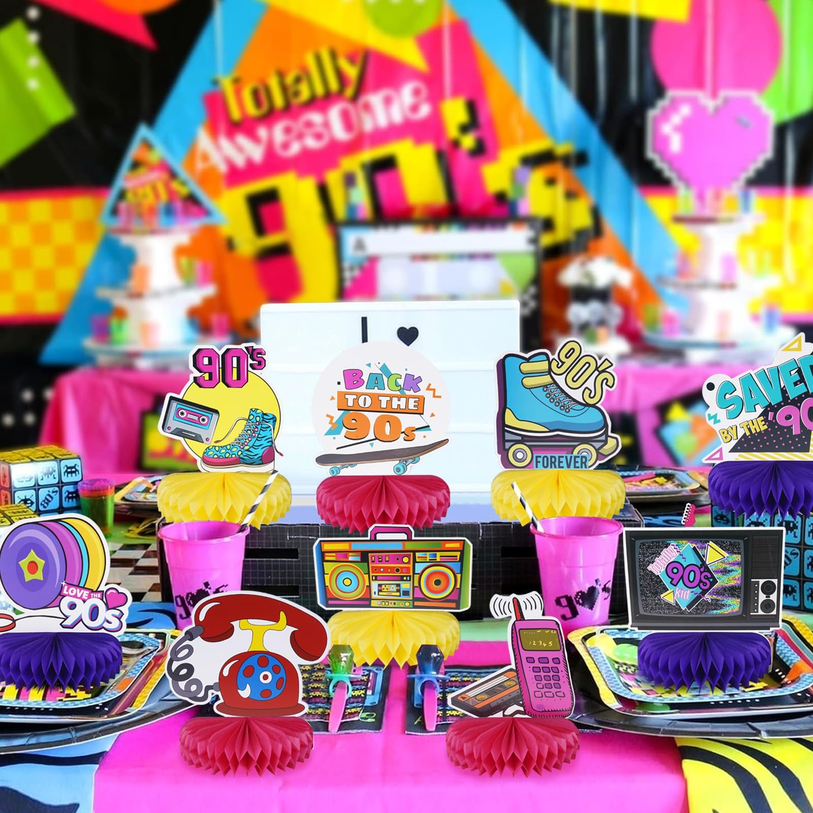 Set 9 Decorazioni Tavola Anni 80 - Centrotavola Retro Per Feste A Tema Hip Hop E Disco