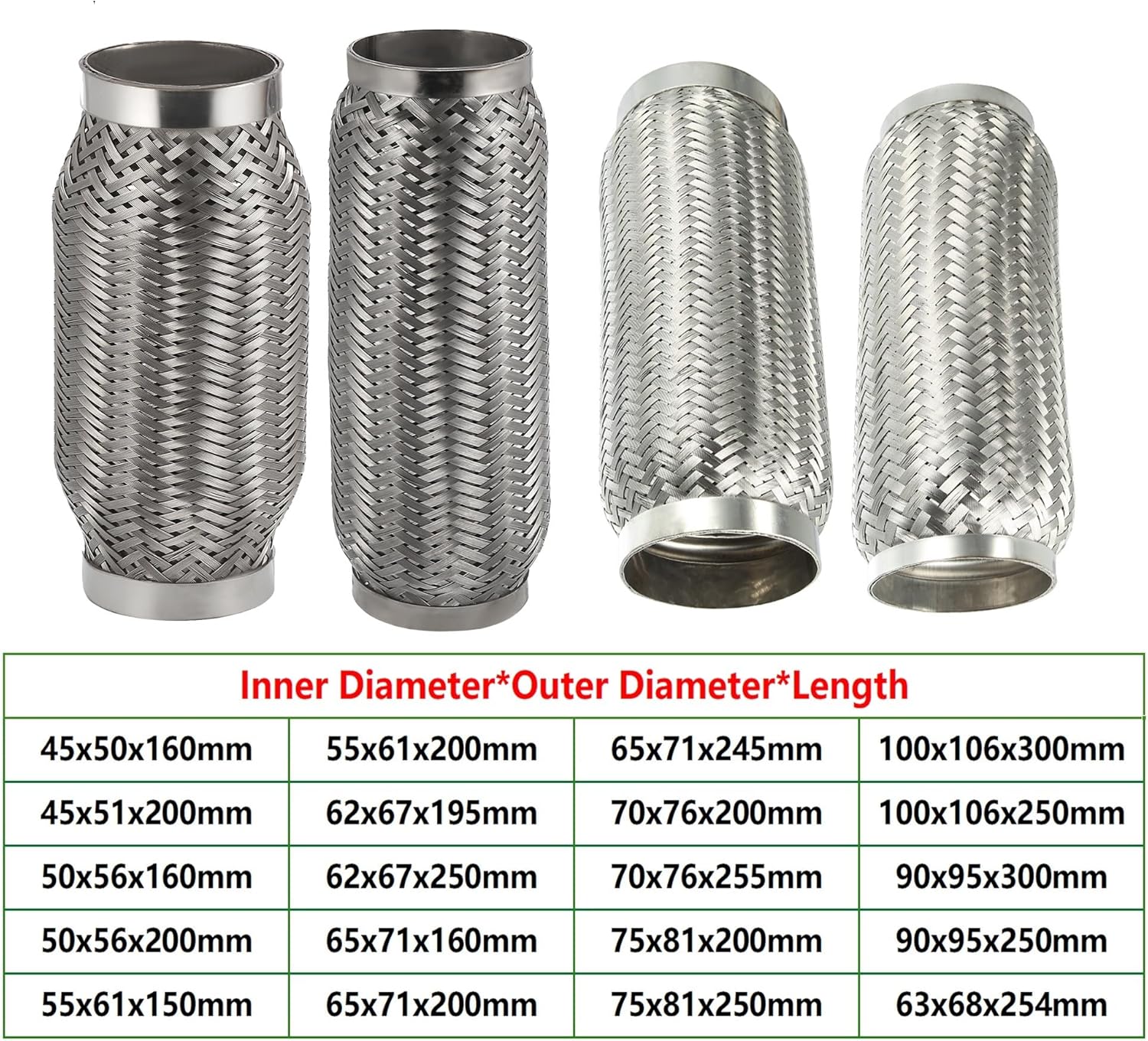 Exhaust Flex Pipe Car Flexible Exhaust Tube Telescopic Connection Braid Bellows Stainless Steel Muffler Welded Pipe Connector 45-100mm(50x56x160mm)