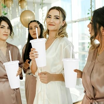710ml Reusable Plastic Cups, 10 Pack Cold Cups with Lid and Straw, Tumblers Travel Mugs for Adults and Madam Party and Beach, Pool Gatherings (10, White)