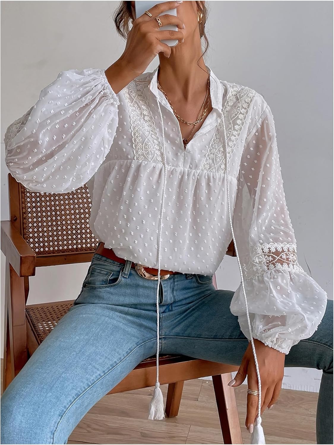 GORGLITTER Women's Boho Peasant Tops Floral Lace Long Sleeve Tops Sheer Blouses Button Up Shirt Casual Going Out Outfits - Image 5