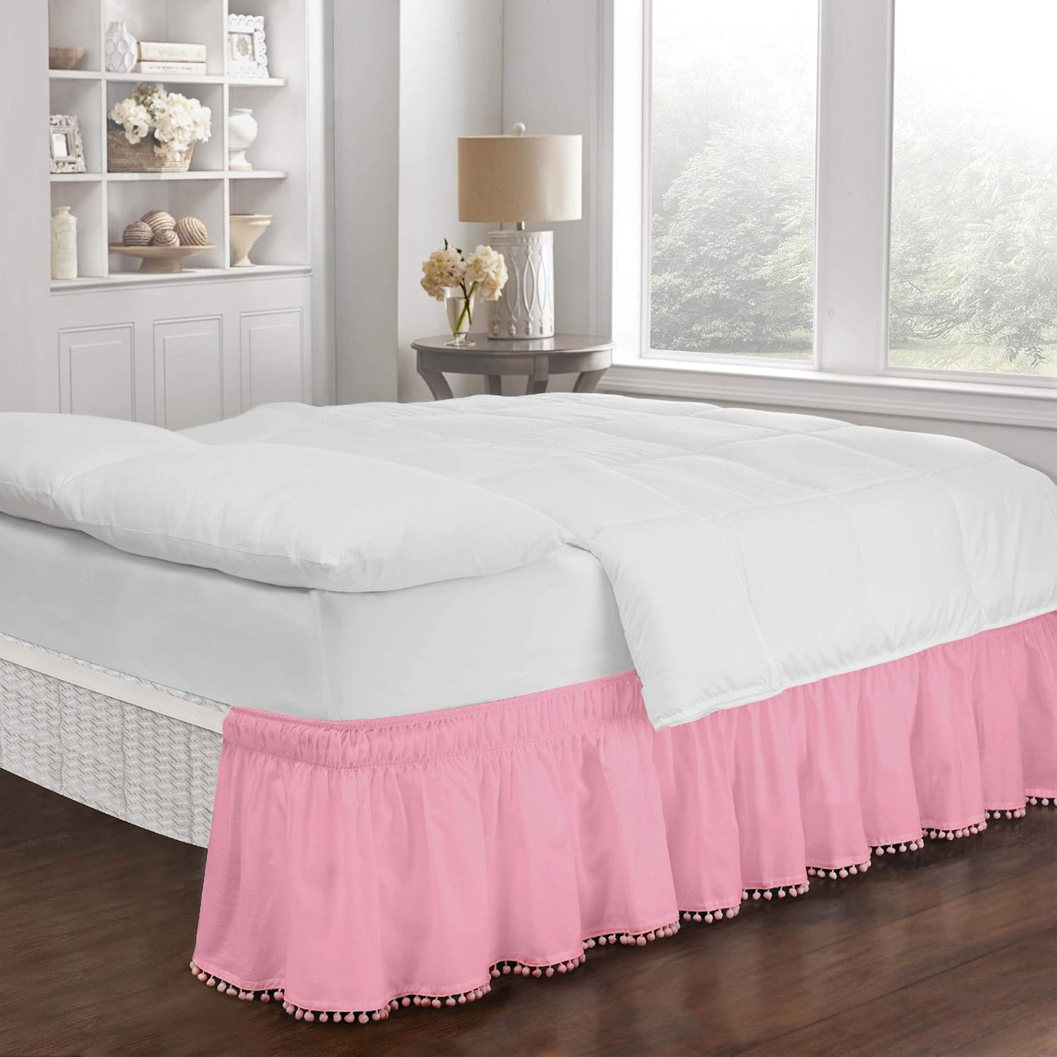 EASY FIT Pom Pom Elastic Wrap Around Bed Skirt, Easy On/Off Dust Ruffle (18 Inch Drop), Twin/Full, Pink