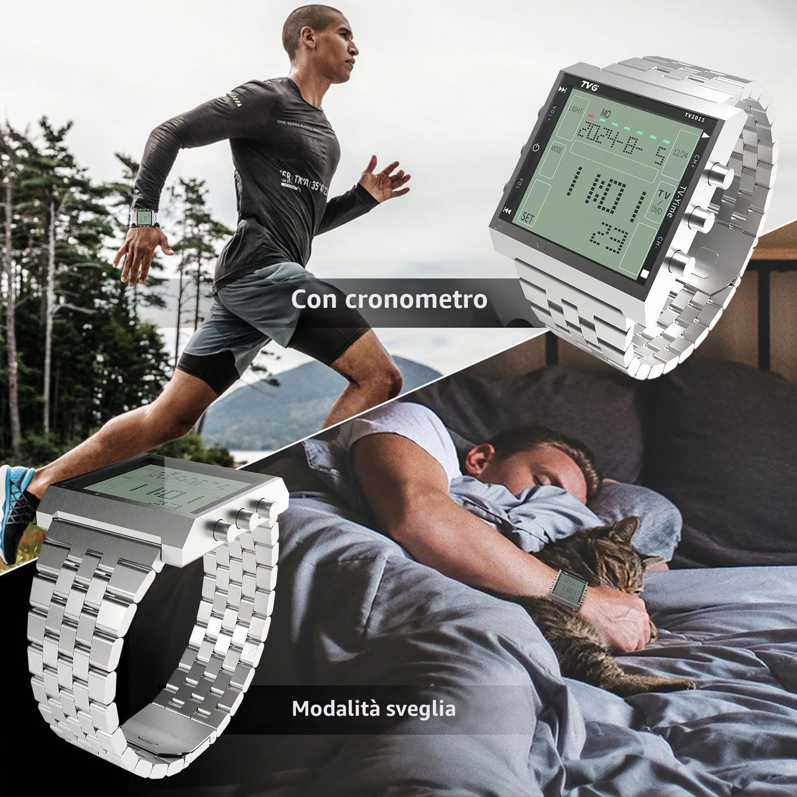 TVG Orologio digitale da uomo, stile militare, sportivo, impermeabile, a LED, con sveglia, cronometro e TV digitale, alla moda, stile casual, tattico, da uomo