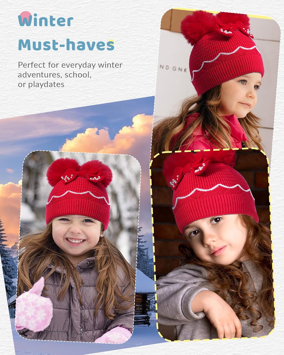 Mesovor Cute Bow Winter Beanie Hat for Baby Girls, Double Pom Pom Toddler Beanies | Kids Warm Knitted Cuffed Cap - Image 4
