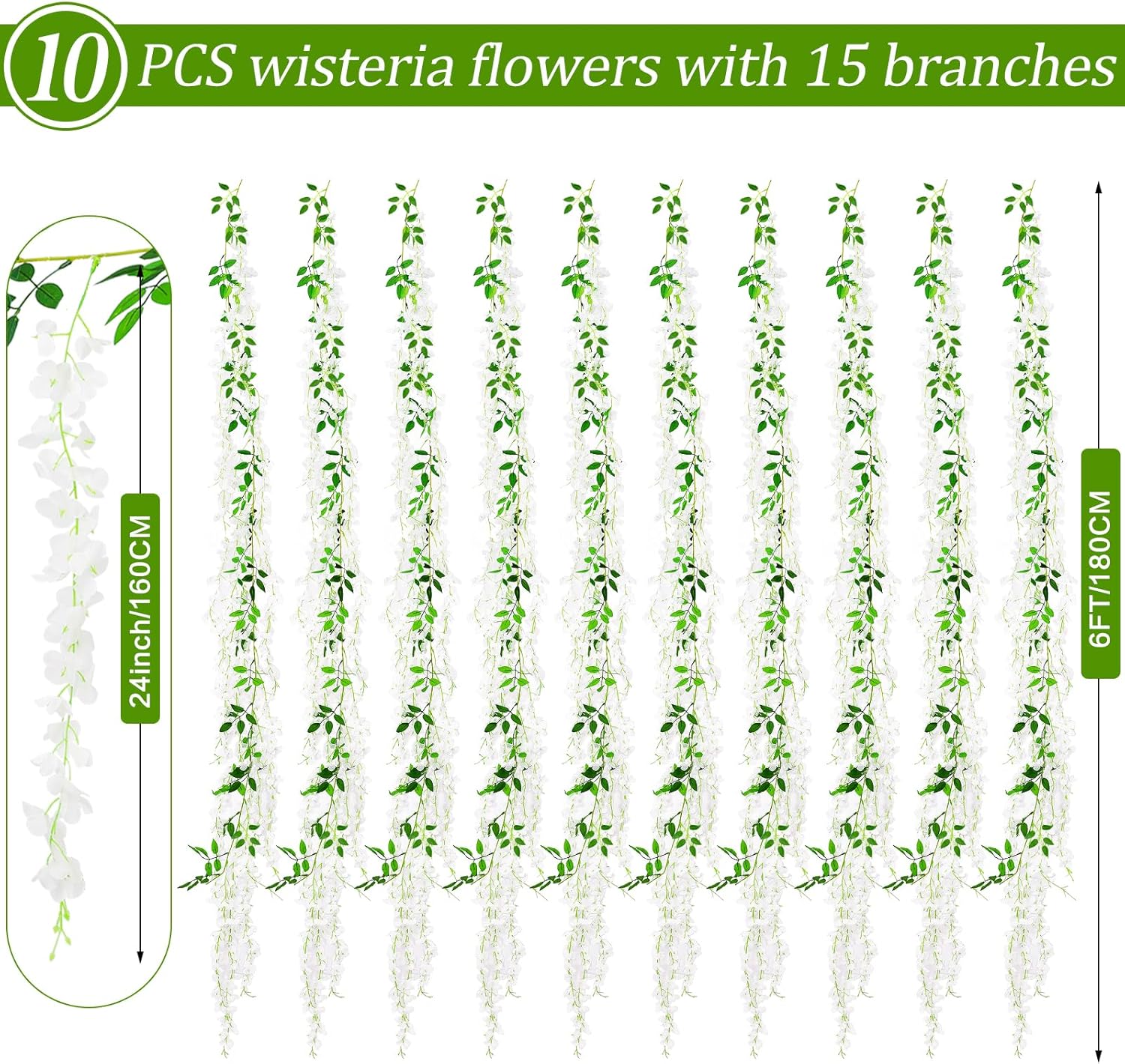 150 Branches Wisteria Hanging Flowers,10Pcs Total 60ft White Wisteria Artificial Flowers Garland Vine Silk Hanging Flowers for Wedding Party Arch Ceremony Garden Home Backdrop Decor - Image 5