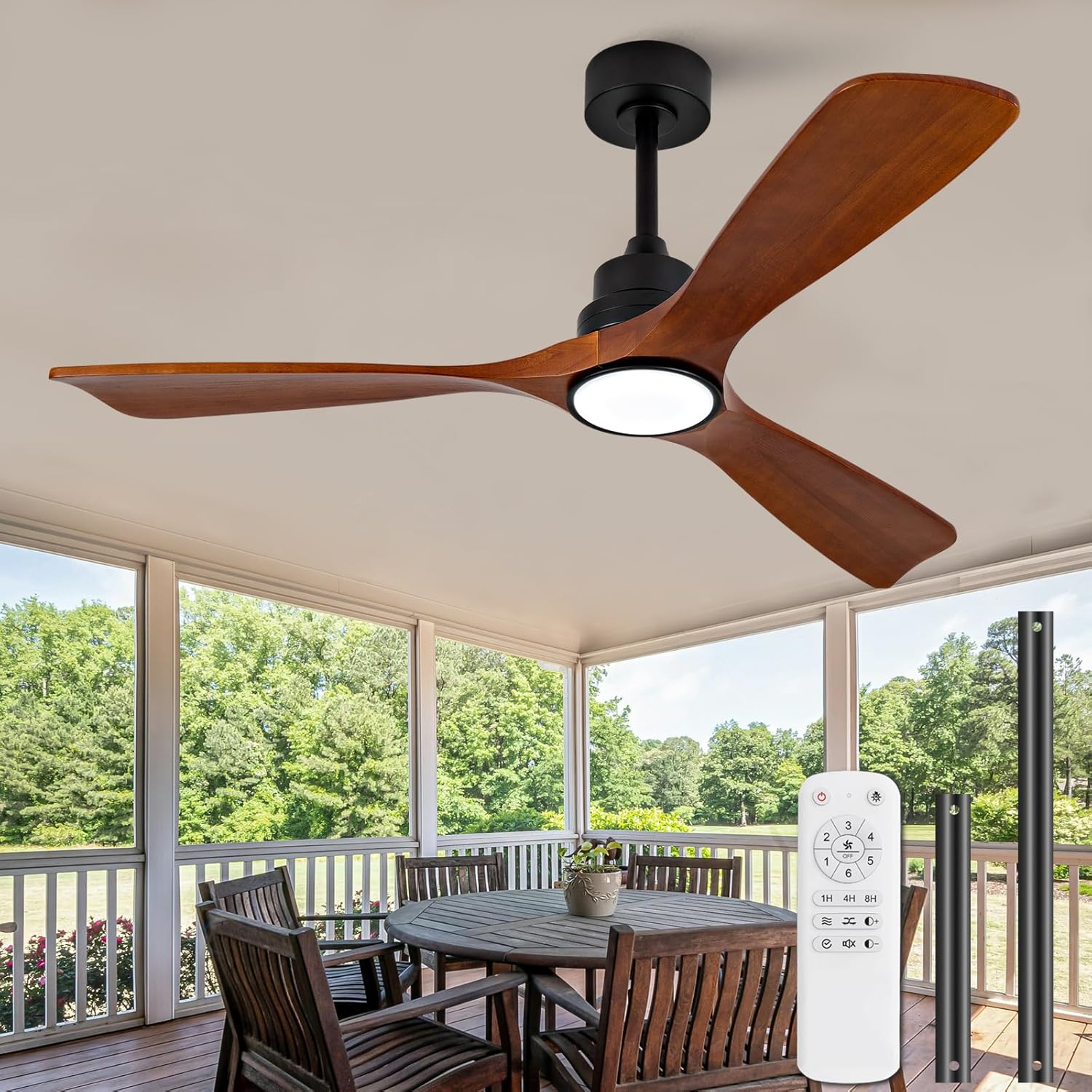52” Wood Ceiling Fans with Lights and Remote, Dimmable, Outdoor Ceiling Fan with Light, 3 Blade Ceiling Fans for Patio, Living Room, Bedroom, Reversible DC Motor, Memory Function(Black Walnut) Black Walnut 3 Blades 52 inch