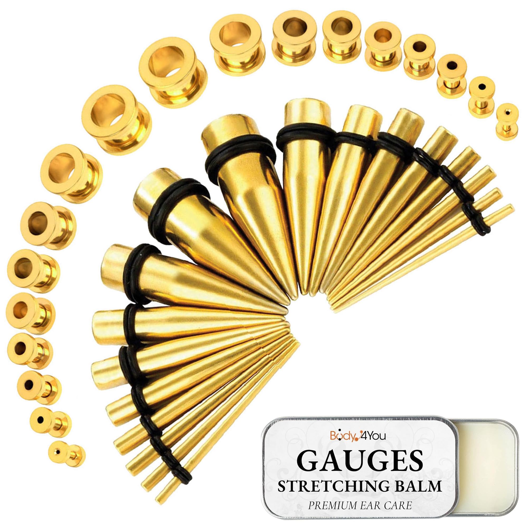 BodyJ4You 37PC Ear Stretching Kit - Beginner Gauges 14G-00G Starter Set - Aftercare Balm Wax - Steel Tapers Single Flare Plugs Screw Fit Tunnels -