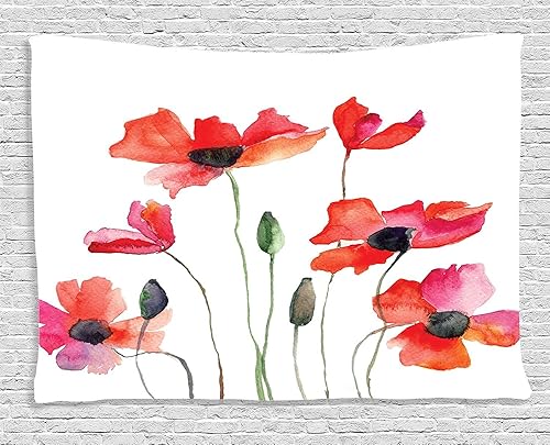 Ambesonne Tapiz de flores de acuarela, amapolas, flores silvestres, naturaleza, prado, ilustración, efecto de pintura, para colgar en la pared para