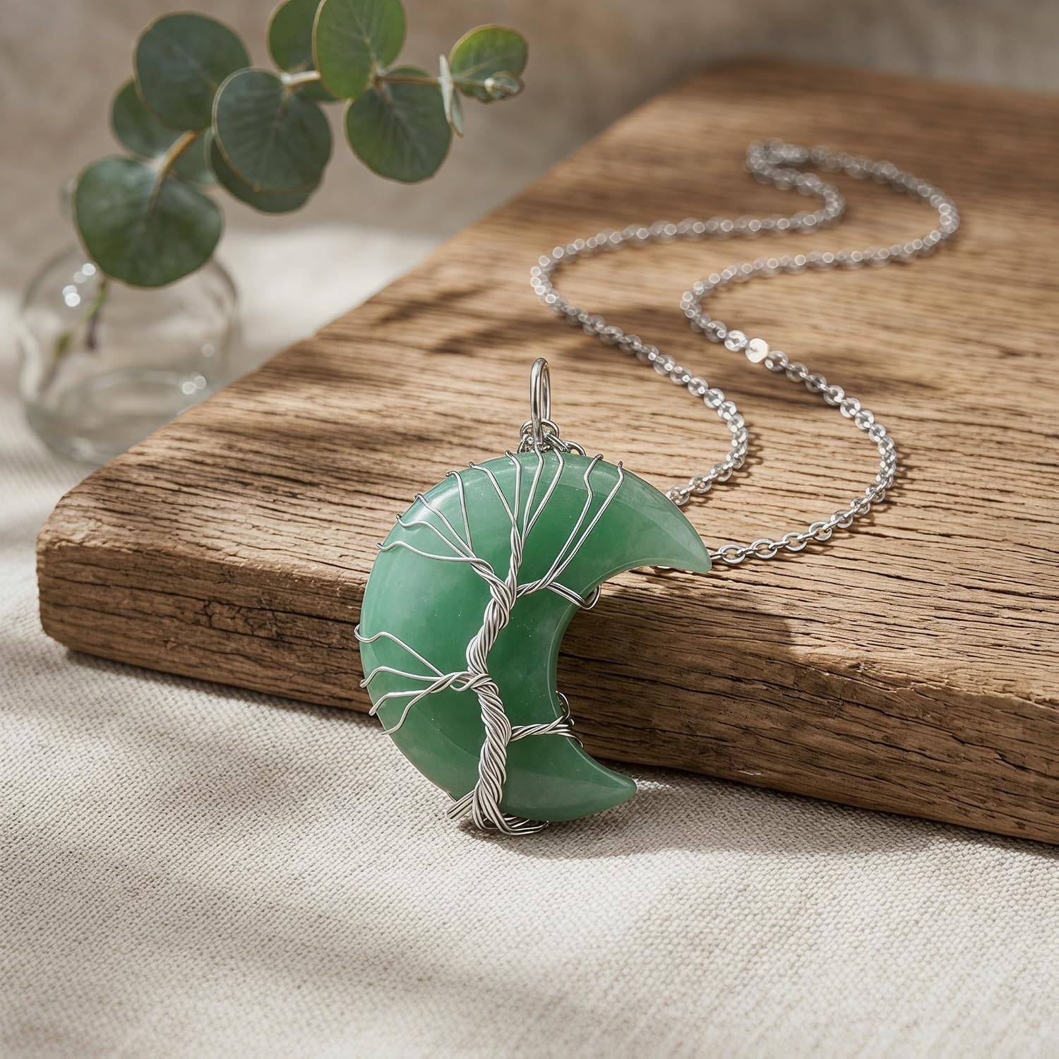 Tree of Life Crescent Moon Necklace for Women, Wire Wrapped Healing Crystal Pendant Boho Jewelry, Natural Gemstone Quartz Spiritual Gifts for Women image 3