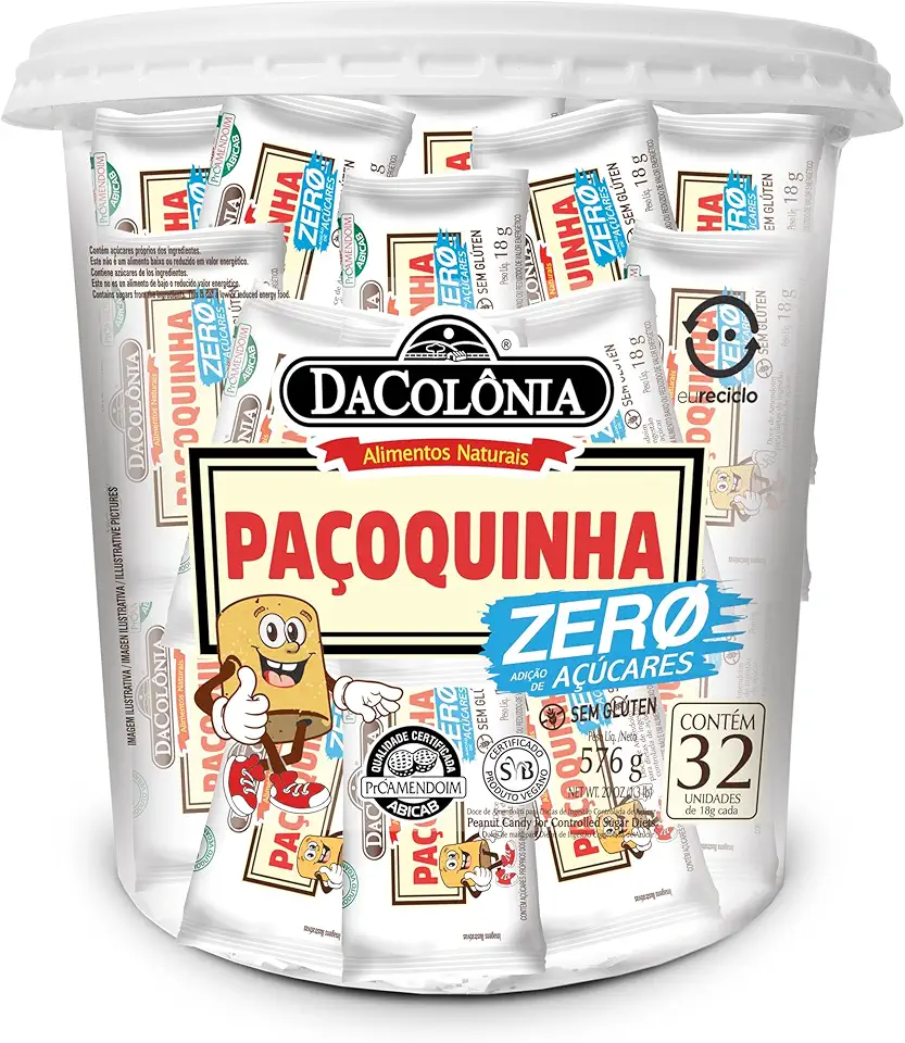 DaColônia Paçoquinha Zero Açúcar Pote 32 Unidades (18g cada) – Snack de Amendoim Sem Açúcar, Porções Individuais, Ideal para Dieta e Diabéticos