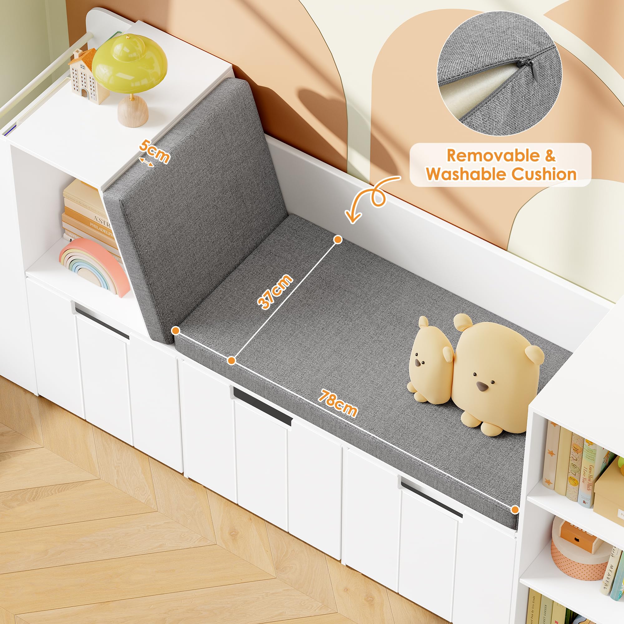 HOCSOK Kinderregal, 156 cm Bücherregal Kinder mit Sitzbank, Spielzeugregal Kinderzimmer Aufbewahrung mit Boxen auf Rollen, Kinderzimmer Regal Weiß, 80×38×156 cm