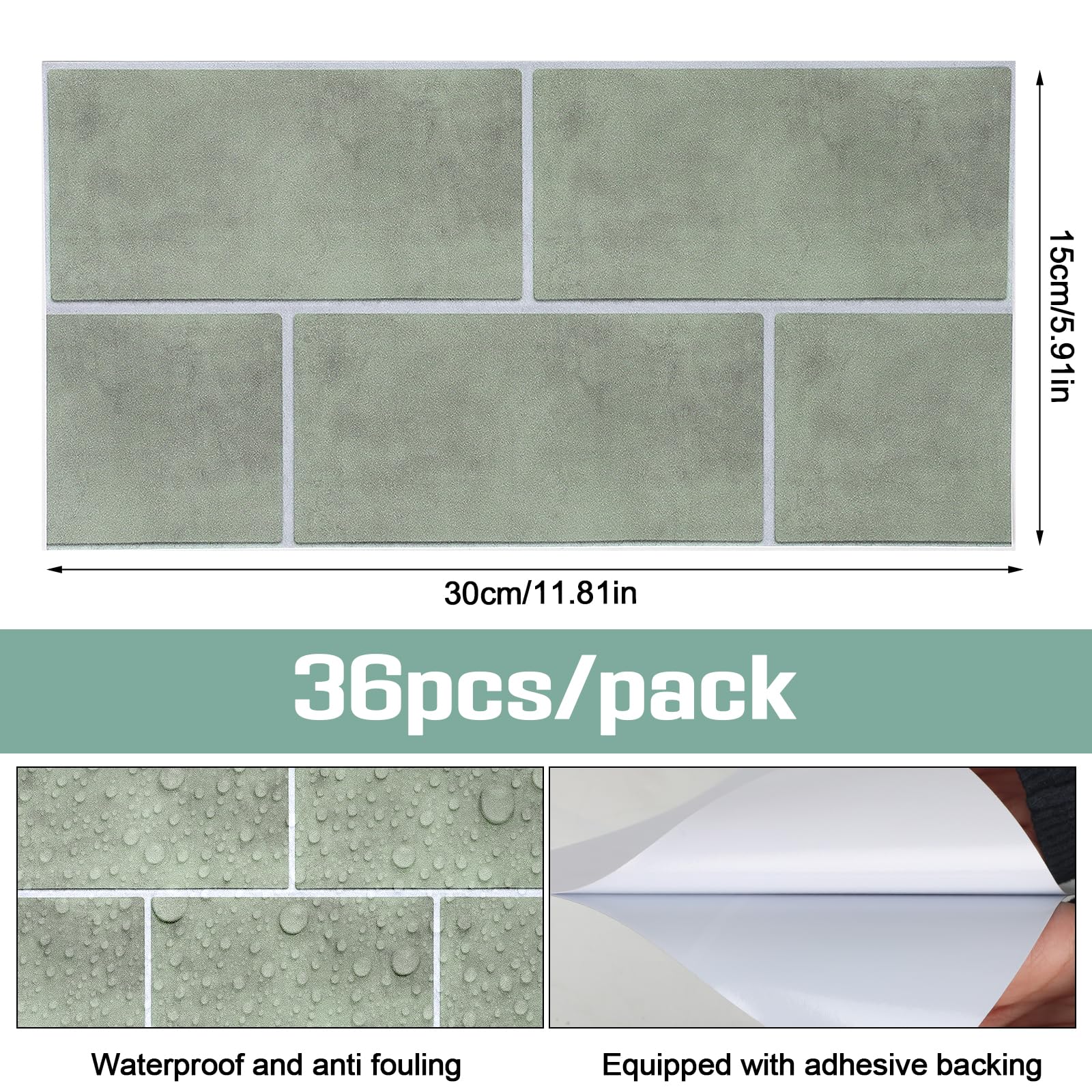 36 adesivi per piastrelle, autoadesivi, da cucina, per piastrelle, colore verde, impermeabili, in PVC, per camera da letto, bagno, cucina
