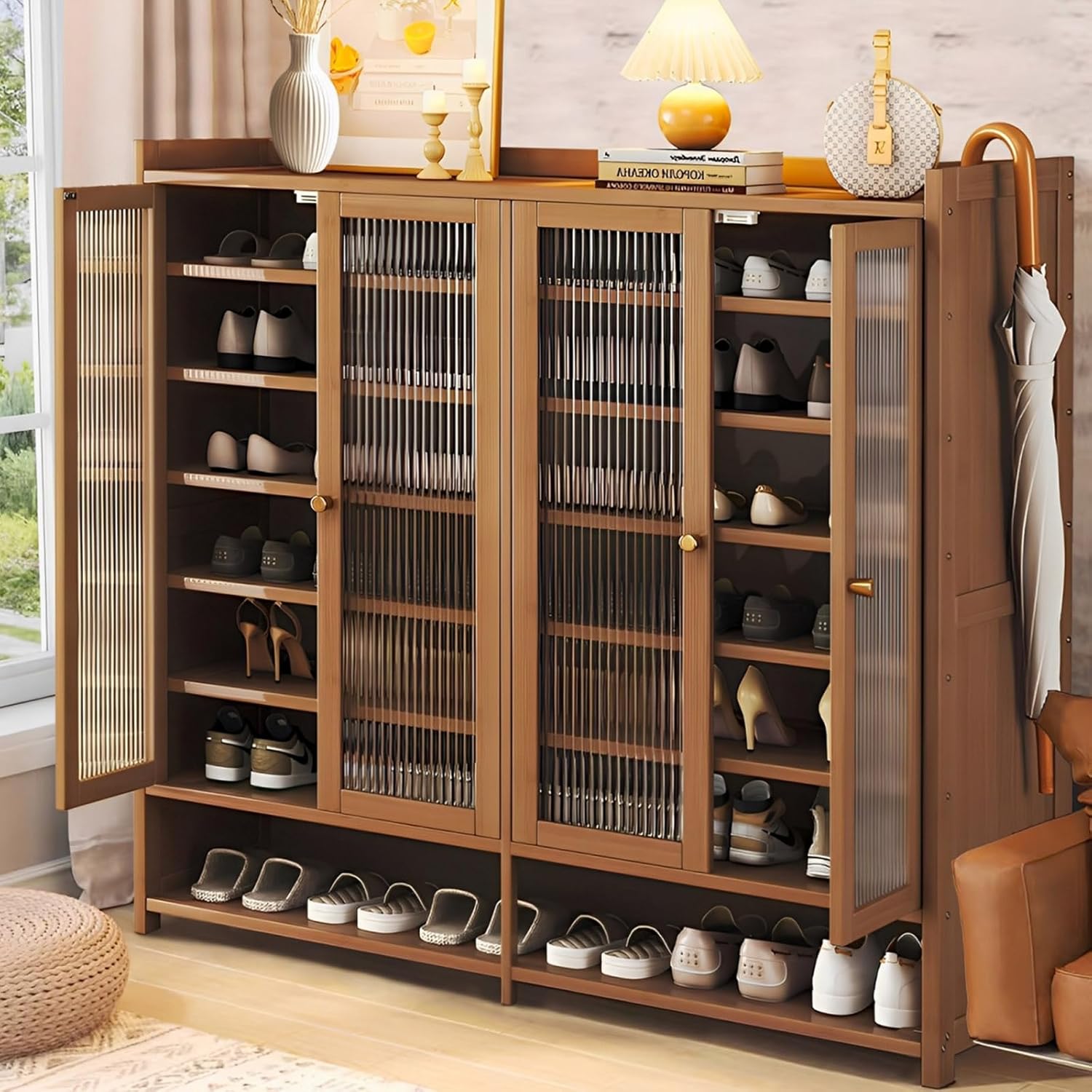 8 Tier Bamboo Shoe Cabinet with Doors - Freestanding Shoe Rack Organizer for Entryway, Hallway, Closet, Living Room