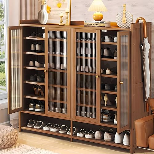 Zapatero de bambú de 8 niveles Armario de almacenamiento de zapatos con puertas, organizador de zapatos de bambú independiente con estantes para