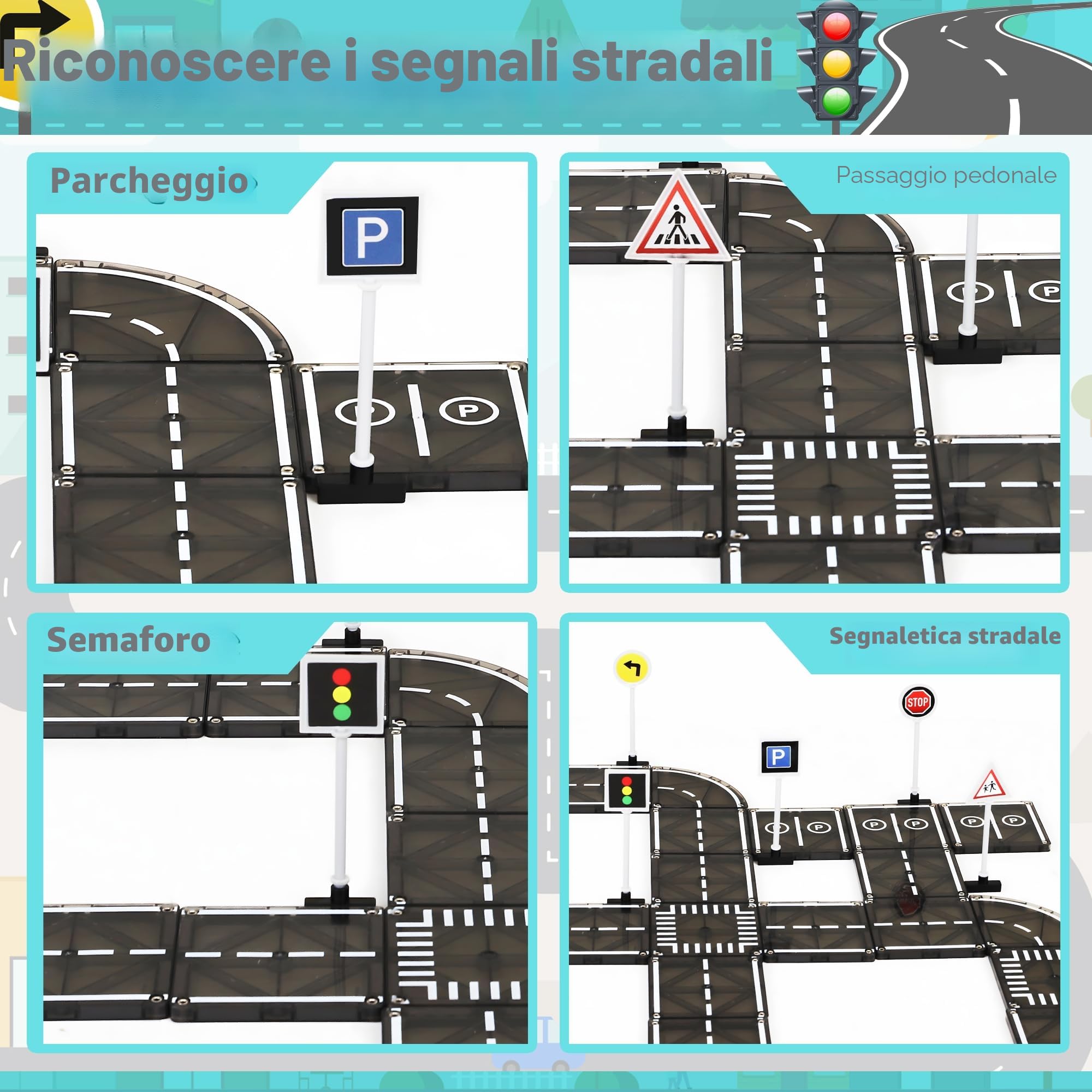 Playmags Set Magnetico da Strada con Piastrelle, 50 Pezzi, Giocattolo Educativo STEM, con Pista Auto, Mattoncini da Costruzione, Giocattolo Magnetico per Bambini, Sicuro dai 3 Anni in su