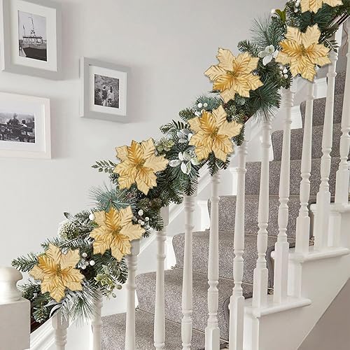 Miniatura 6 de Homcomoda 8 flores de Pascua artificiales de Navidad doradas con purpurina y tallo de 9.84 pulgadas, adornos para árbol de Navidad, decoración de