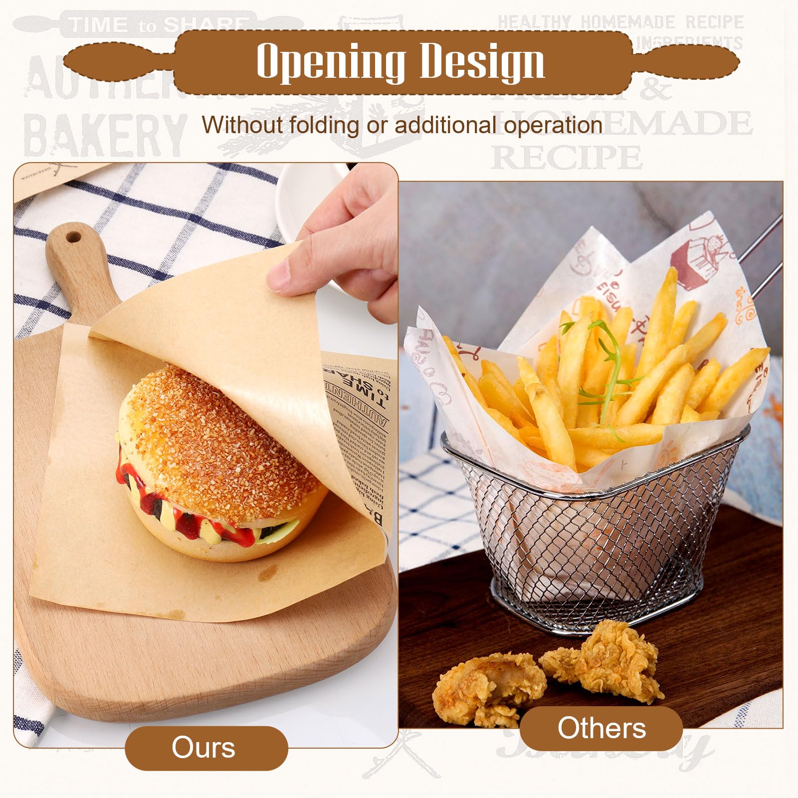 150 Feuilles Papier Alimentaire Kraft 18x18 Cm - Pour Burgers, Frites, Sandwichs, Résistant à L'huile - 12