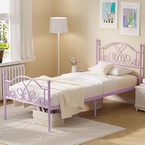 Miniatura 21 de Weehom Marco de cama individual, marcos de cama de metal modernos de tamaño individual para niños y niñas, no necesita somier, base de cama