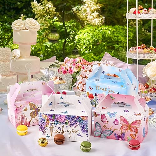 Miniatura 8 de Giiffu Cajas de regalo de mariposa rosa para fiestas, paquete de 12 cajas de regalo de galletas de caramelo con asas, perfectas para niñas,