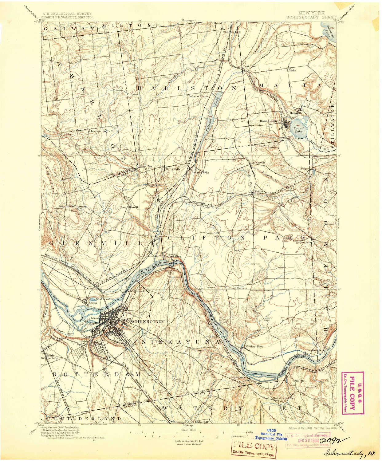 YellowMaps Schenectady NY topo map, 1:62500 Scale, 15 X 15 Minute, Historical, 1898, Updated 1904, 20 x 16.6 in