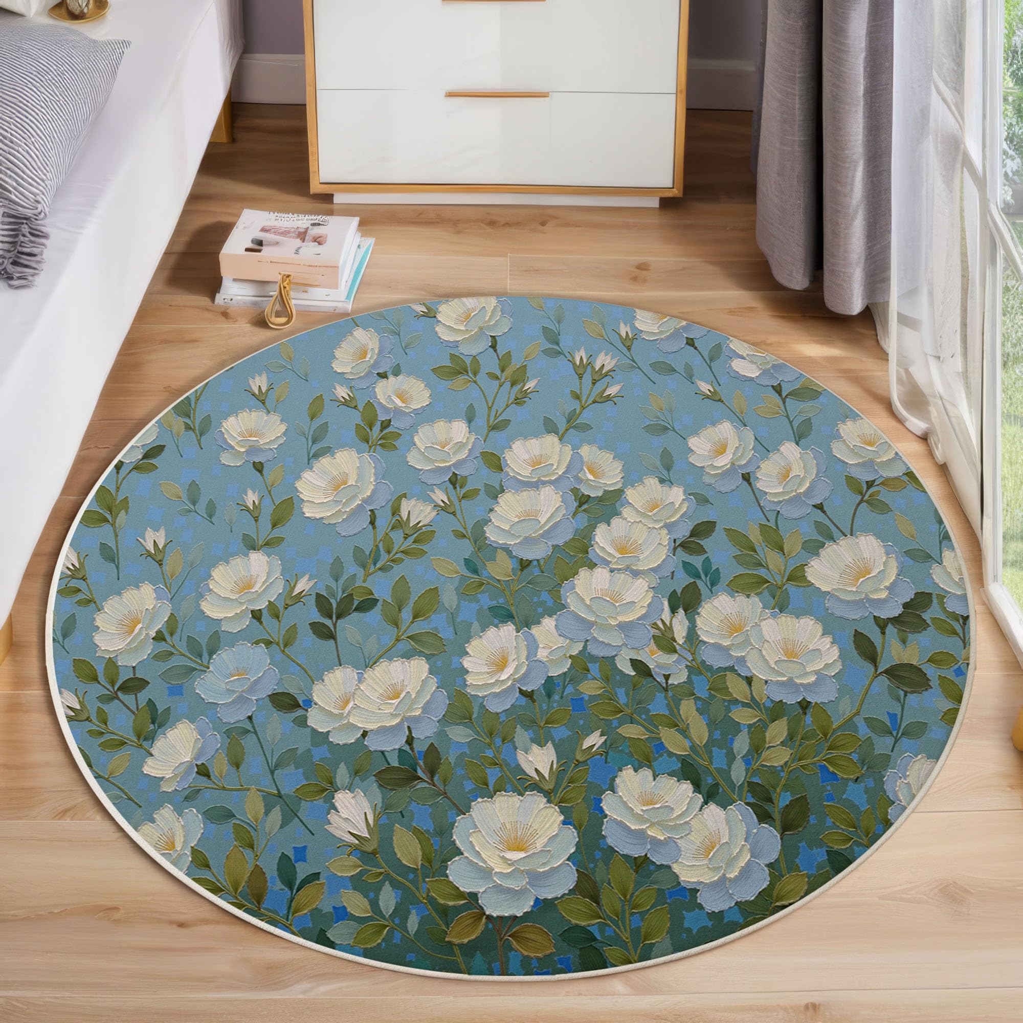 Tapis de salon rond haut de gamme bleu clair 100cm avec peinture florale de camélia