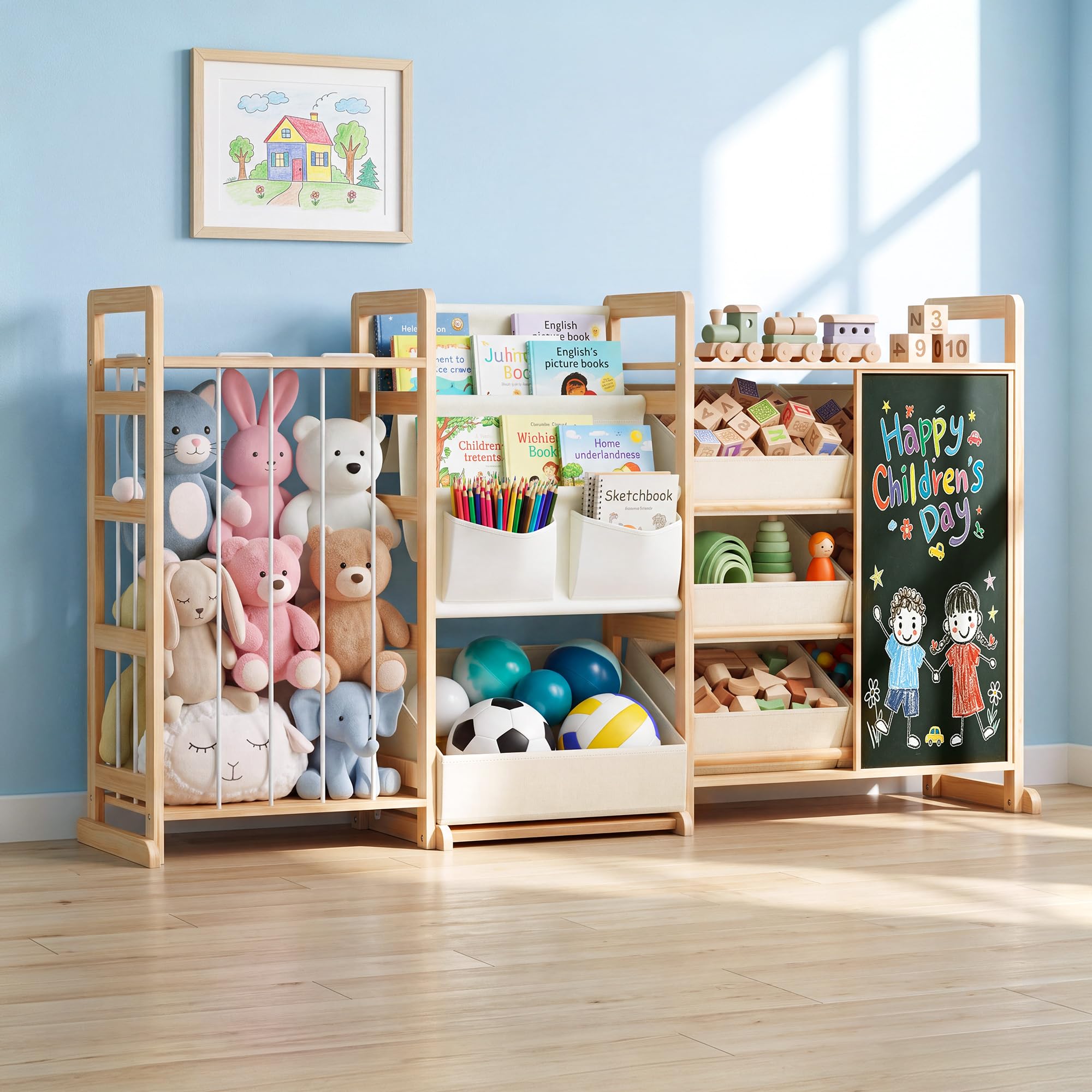 Scaffale Portagiocattoli in Legno Massello con Gabbia Porta Peluche