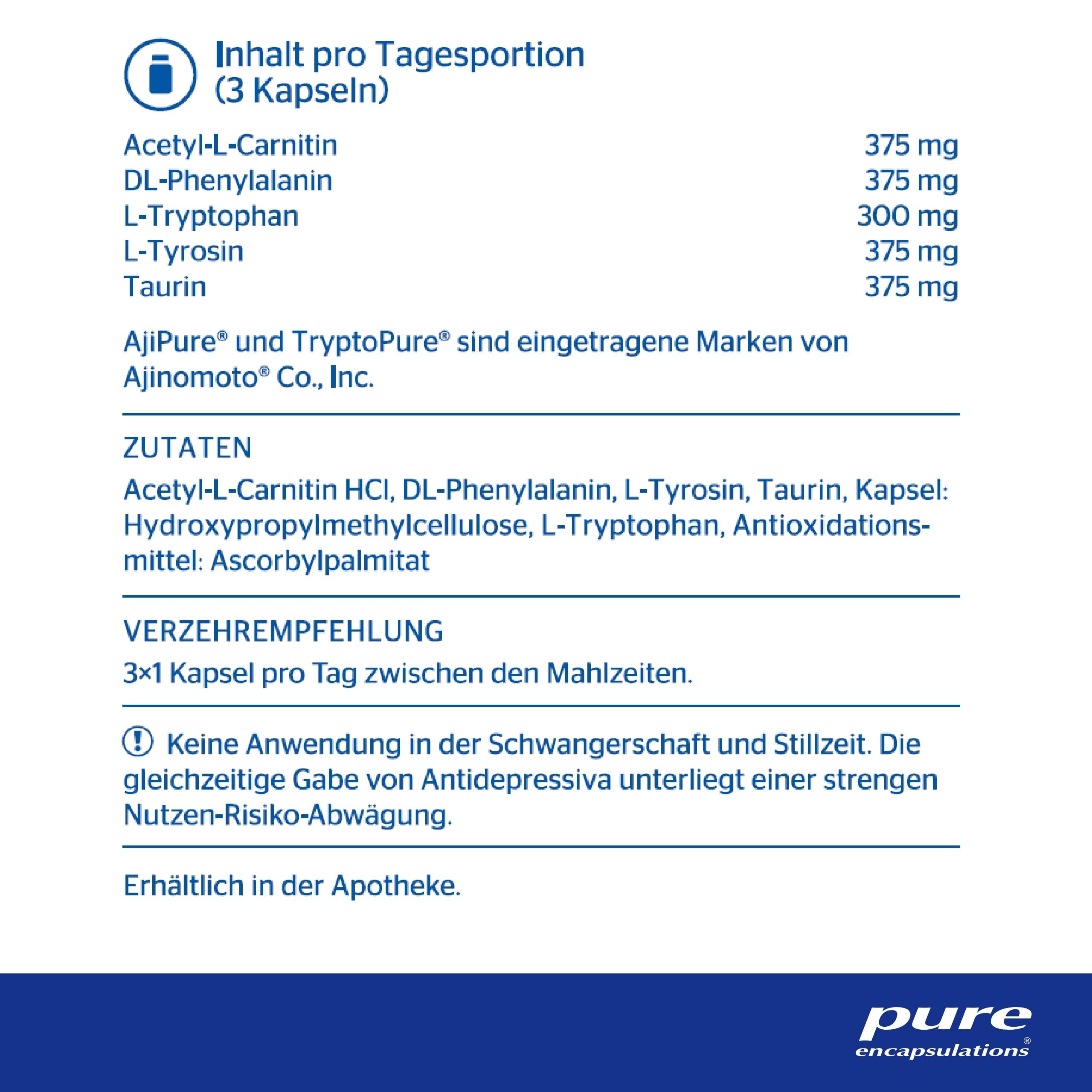 Pure Encapsulations - Cognitive Aminos - Aminosäuren - Mit Phenylalanin, Carnitin, Taurin, Tyrosin und Tryptophan - 60 Kapseln