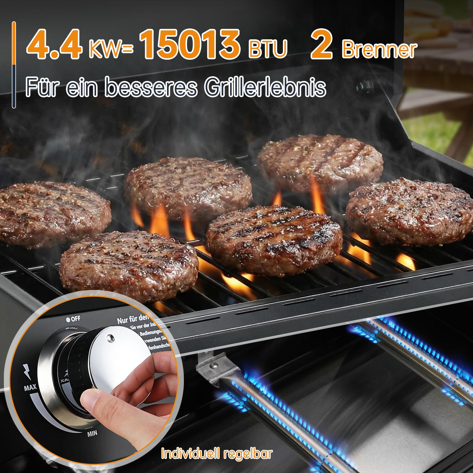TLSUNNY 2 Brenner Gasgrill Klein, Tragbarer Tischgasgrill Kompakt mit Emaillierter Grillrost, Thermometer, Camping Gasgrill für BBQ, Balkon, Garten, 4.4kW, 42x33 cm Grillfläche, 4 PCS Füße, Schwarz