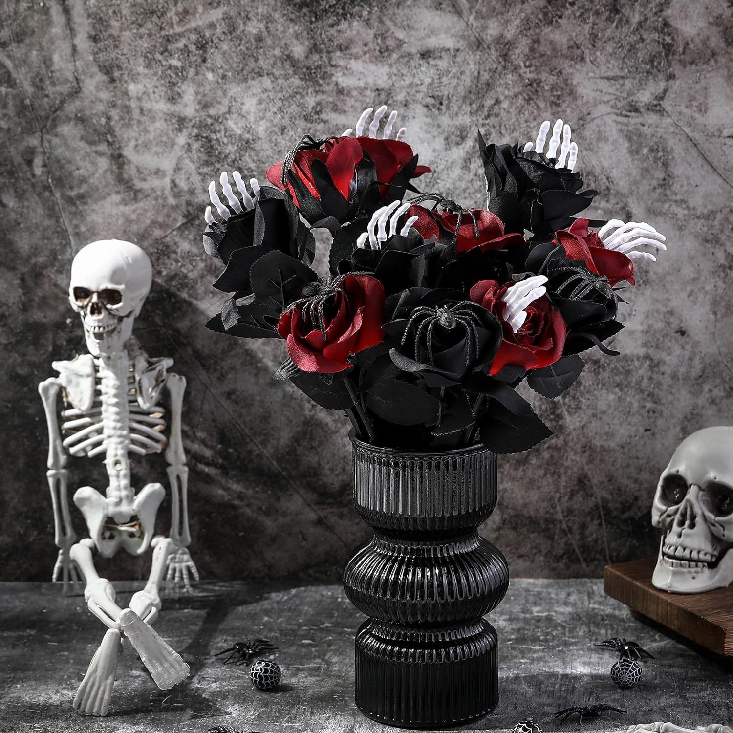 12 Pcs Halloween Artificial Roses Bouquet Long Stem Faux Red and Black Roses Bundles Fake Flowers with Skeleton Spider Halloween Floral Picks for Vase Arrangements Table Decorations - Image 4