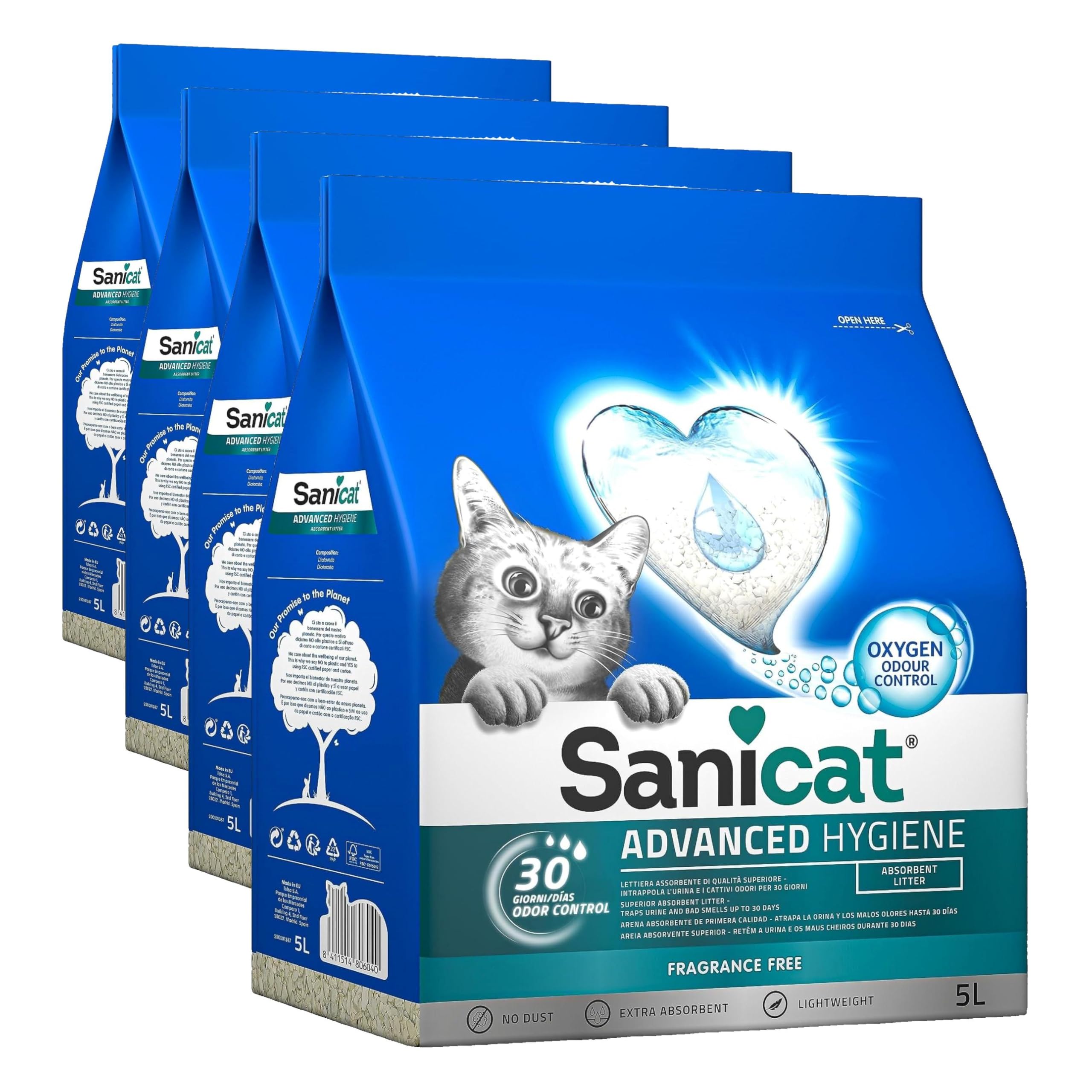Arena para gatos Sanicat Advanced Hygiene sin perfume pack de 4 bolsas de 5L 8