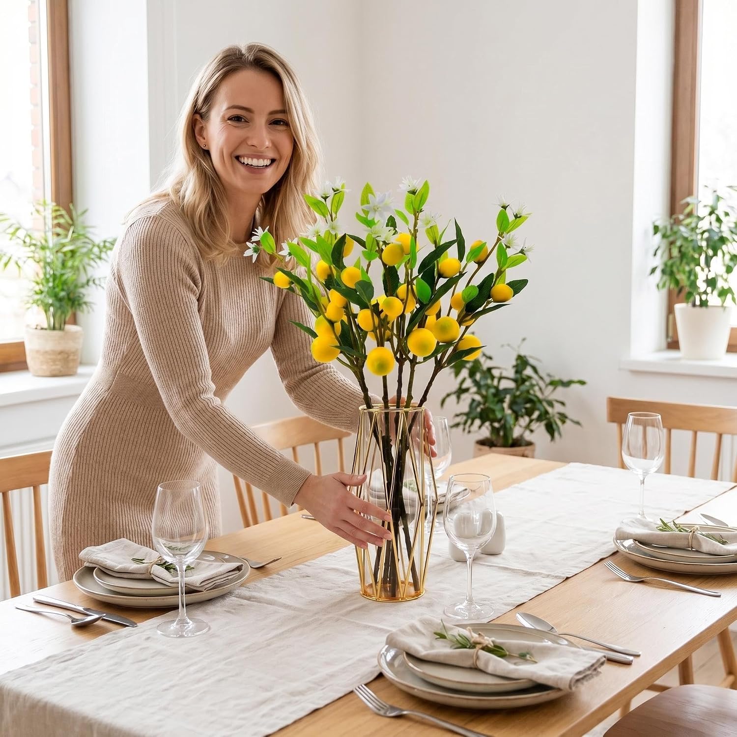 Artificial Lemon Branch Decoration – 5-Piece Set Of 24-Inch Faux Lemon Stems With Realistic Fruit, Perfect For Farmhouse Kitchen Table Centerpieces, Home Decor, Vase Fillers, And Flower Arrangements