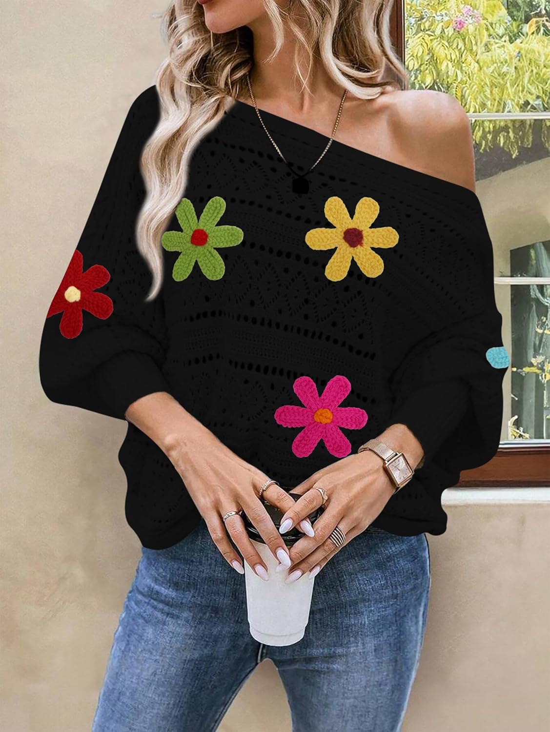 Cakulo Womens Off Shoulder Sweater Top Fall Outfits Fashion 2025 Oversized Knit Batwing Long Sleeve Crochet Flower Sweaters - Image 3