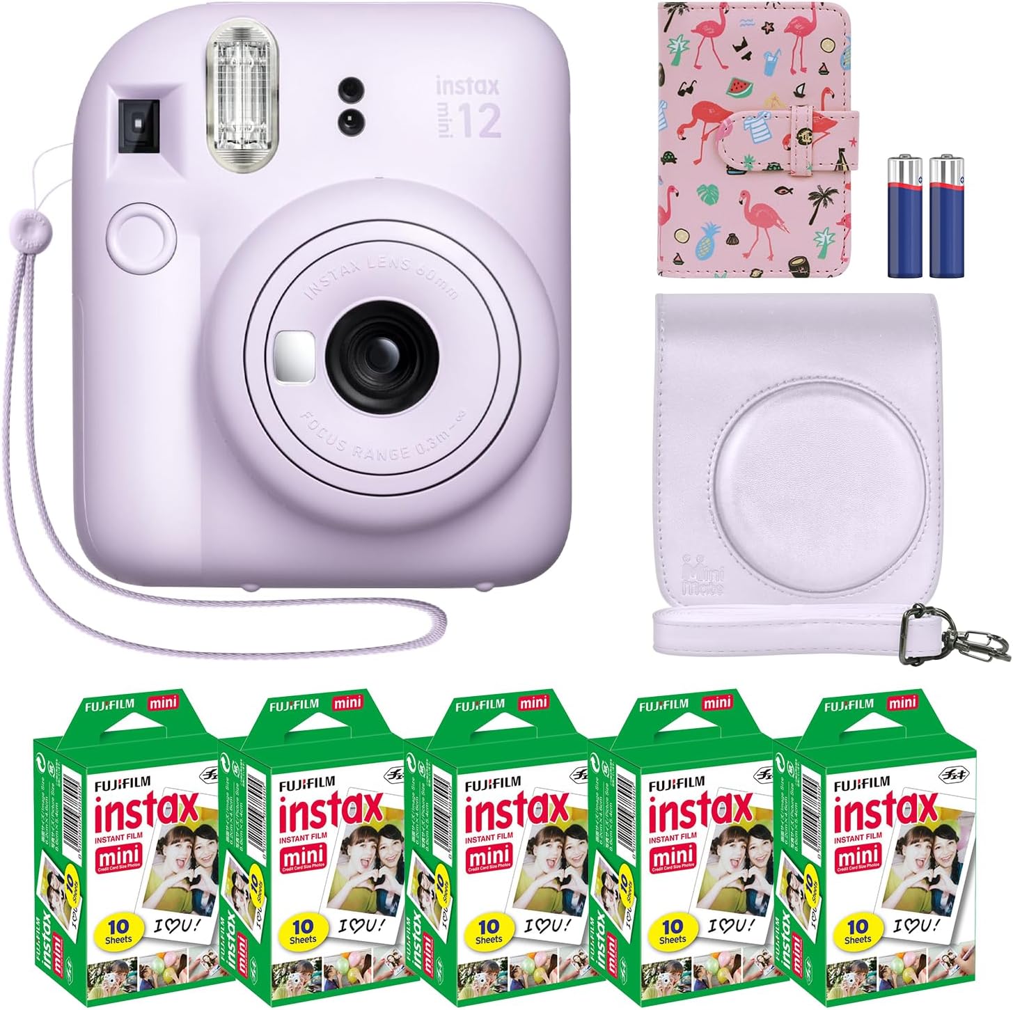 Instax Mini 12 Instant Camera + MiniMate Accessory Bundle & Compatible Custom Case + Fuji Instax Film Value Pack (50 Sheets) Flamingo Designer Photo Album (Lilac Purple)