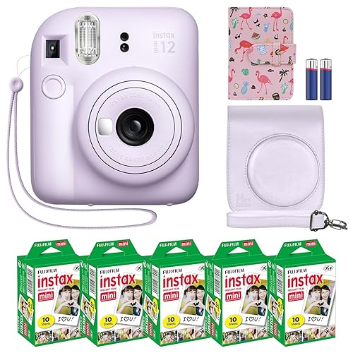 Fujifilm Instax Mini 12 Instant Camera + MiniMate Accessory Bundle & Compatible Custom Case + Fuji Instax Film Value Pack (50 Sheets) Flamingo Designer Photo Album (Lilac Purple) - Lilac Purple