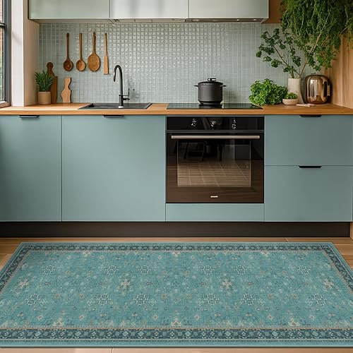 Miniatura 77 de Alfombra de Pasillo de Baño Lavable Oushak 2x5 - Floral Pastel Bohemio Ecléctico, Alfombra Pequeña Antideslizante de Pelo Bajo Resistente a Manchas